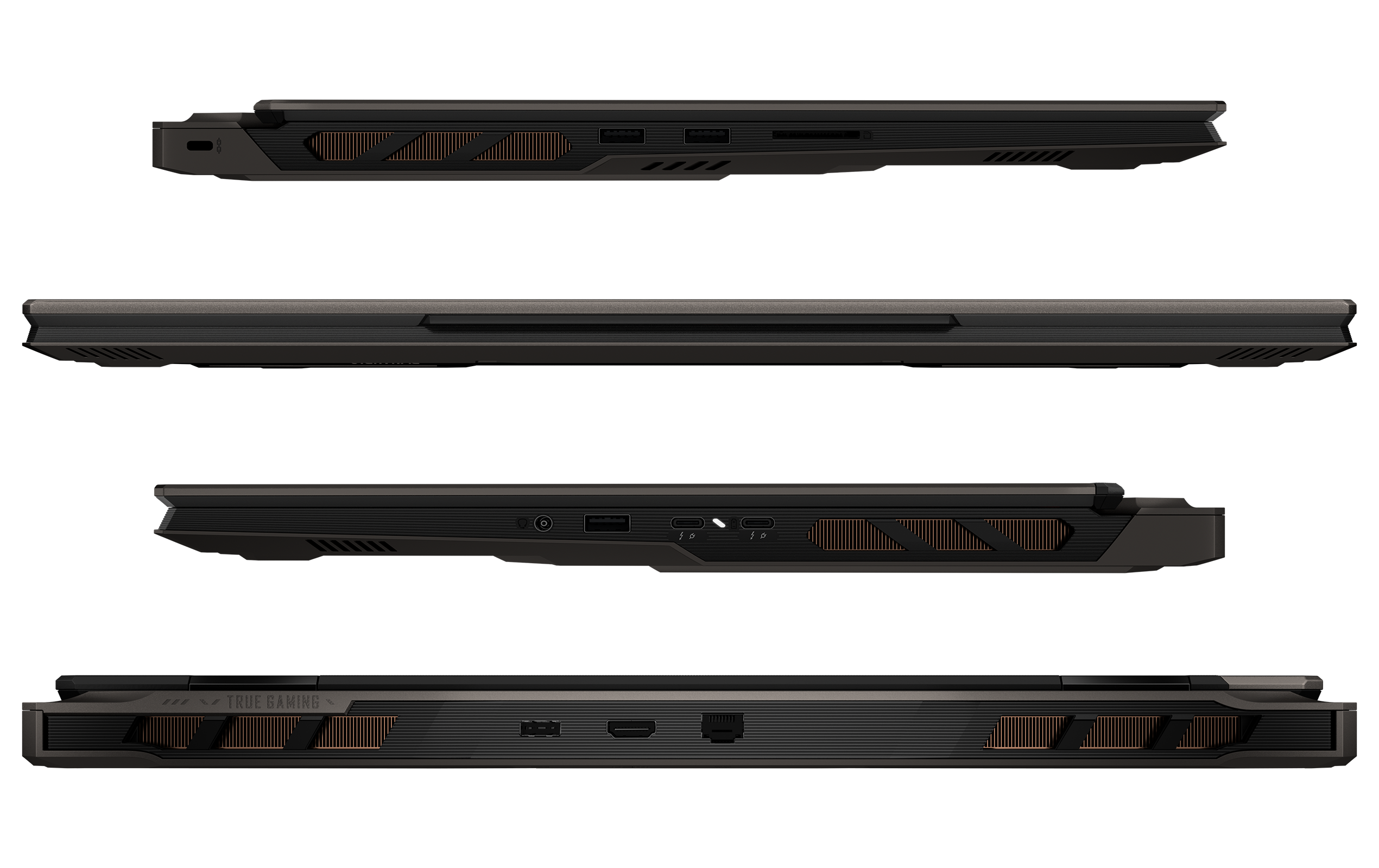 Schwarzer Laptop von der Seite mit Anschlüssen und Lüftungsschlitzen.