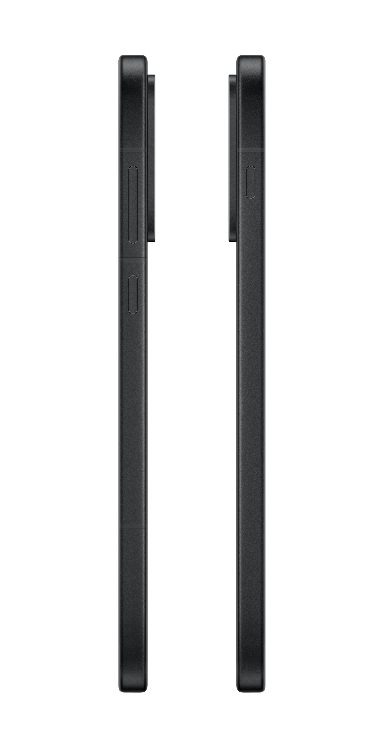 Dwa ciemne smartfony obok siebie, widok z boku. Czarny.