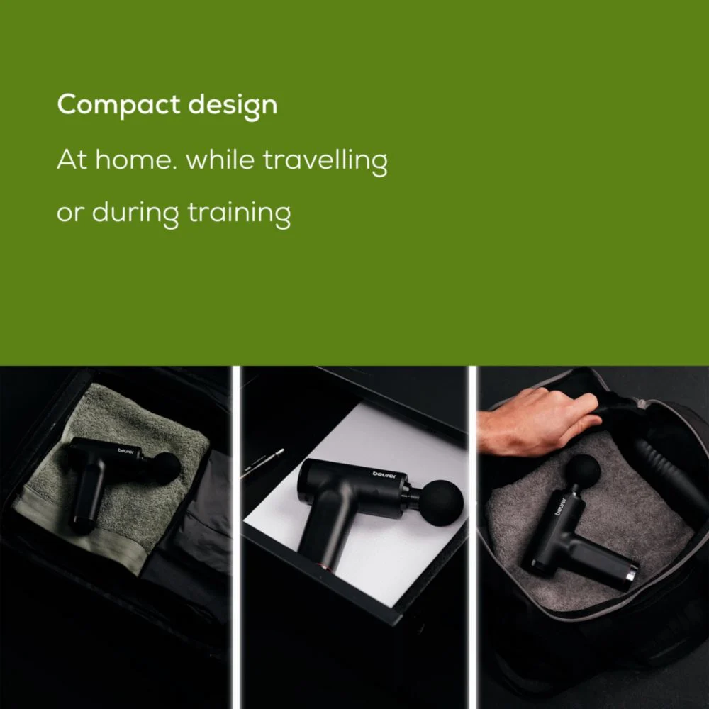 Pistolets de massage noirs dans des sacs de voyage et des tiroirs.