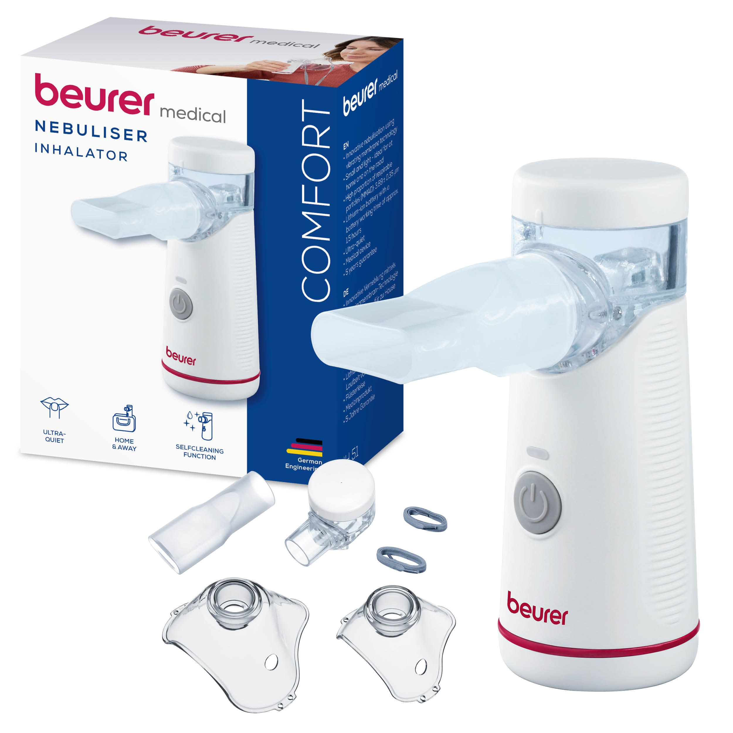 Inhalateur nébuliseur blanc Beurer avec accessoires et emballage, avec textes allemand et anglais.