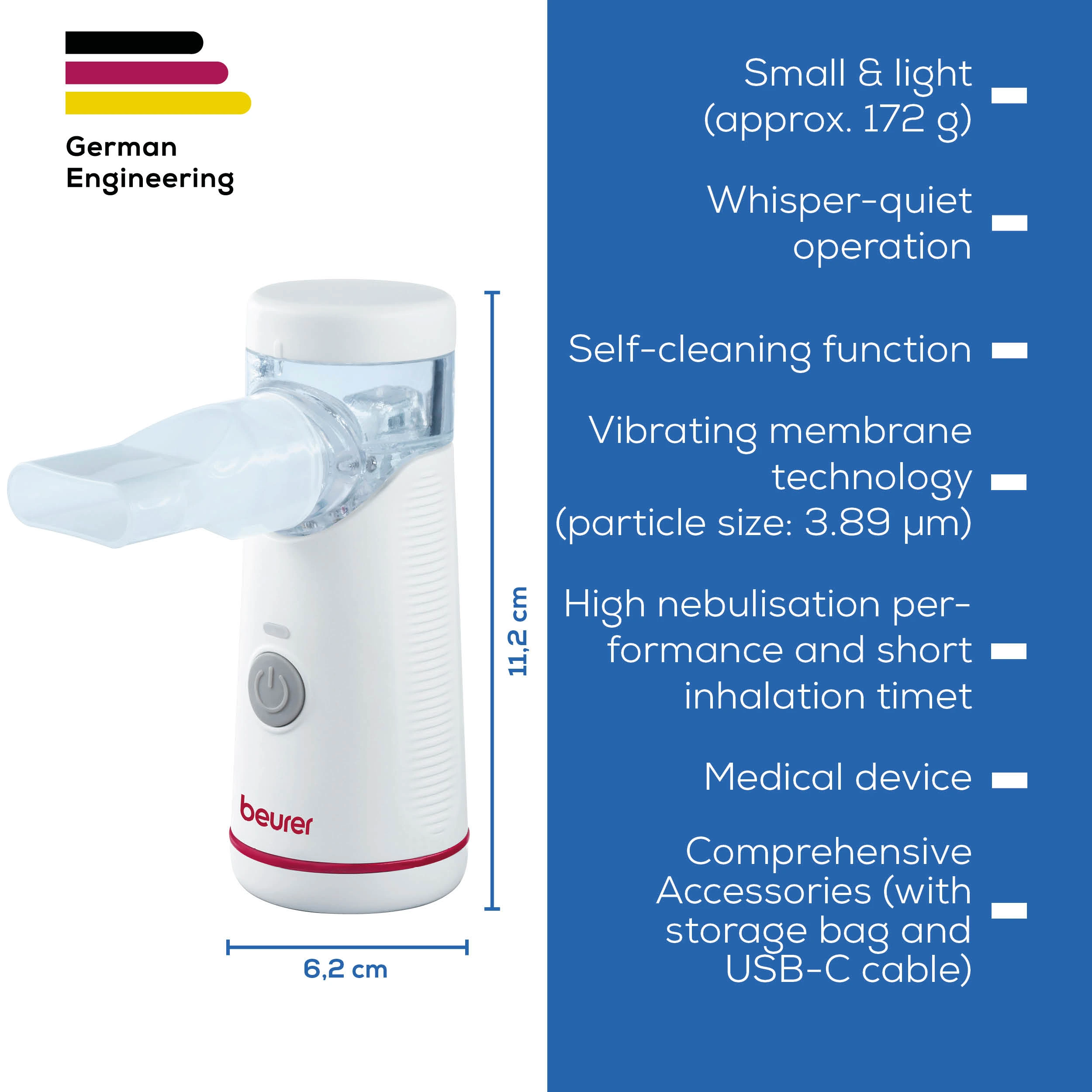 Un nébuliseur blanc avec embout buccal, accessoires et logo German Engineering.