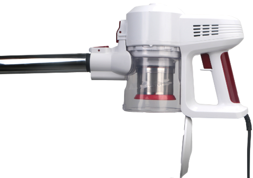 Aspirateur à main blanc avec accents rouges et bac transparent.
