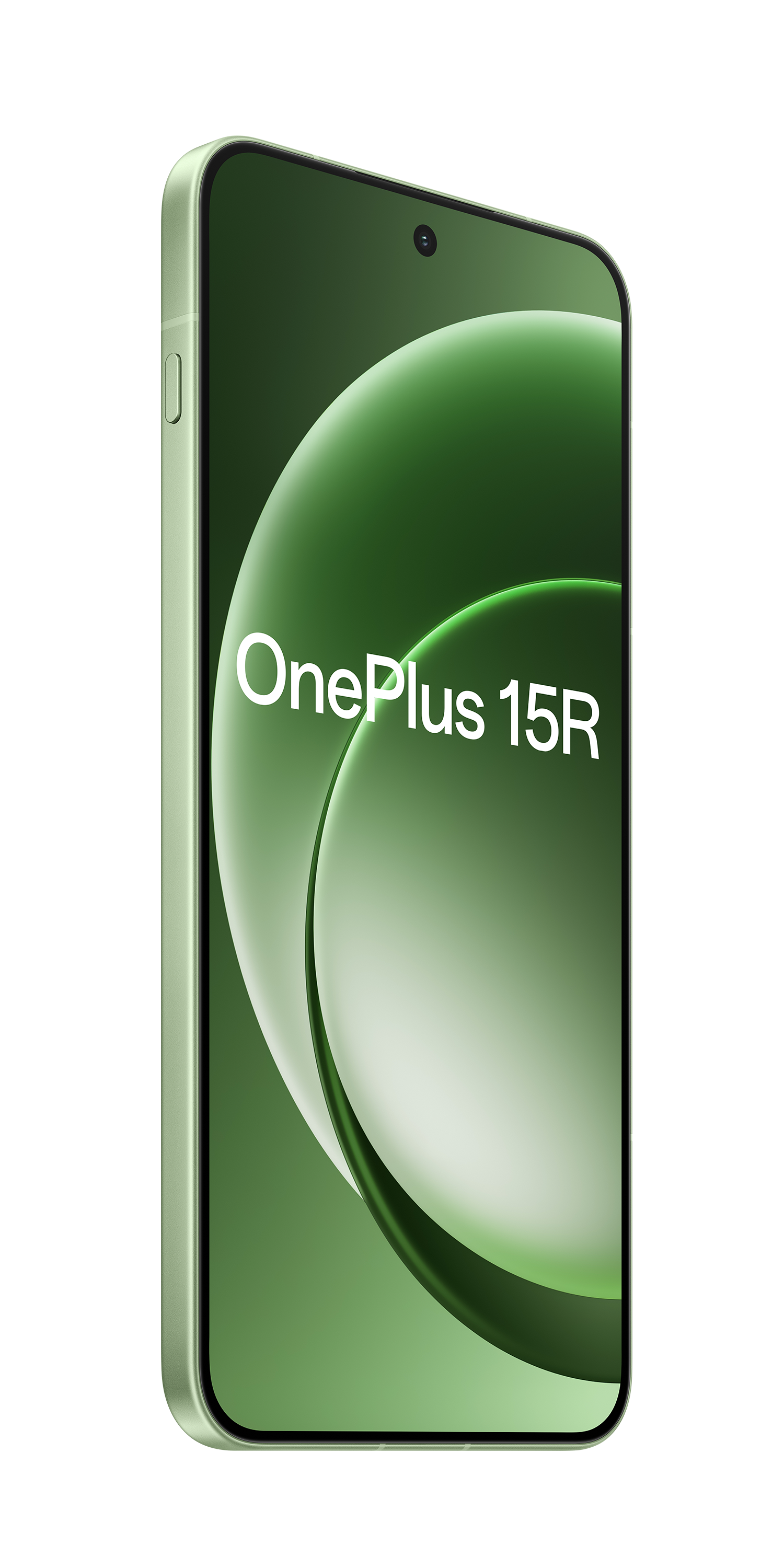 Jasnozielony smartfon OnePlus 15R na czarnym tle.