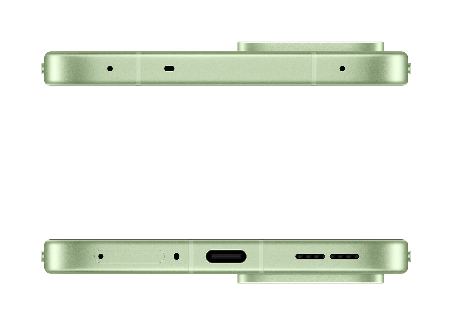 Góra: Góra telefonu z kratką głośnika i mikrofonem. Dół: Dół telefonu z tacką SIM, USB-C i głośnikami.