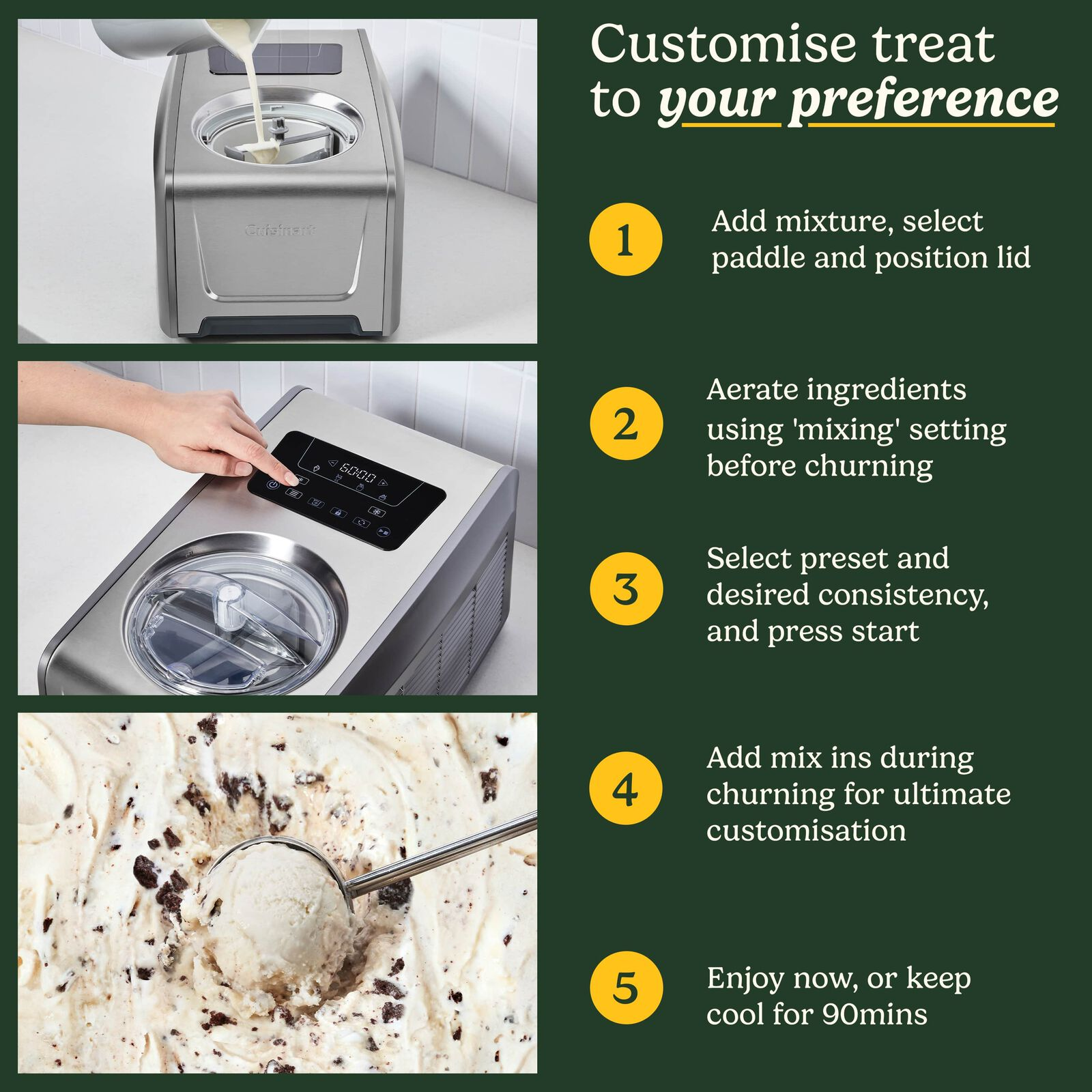 Gelatiera in azione: versamento mix, pannello comandi premuto, gelato finito.
