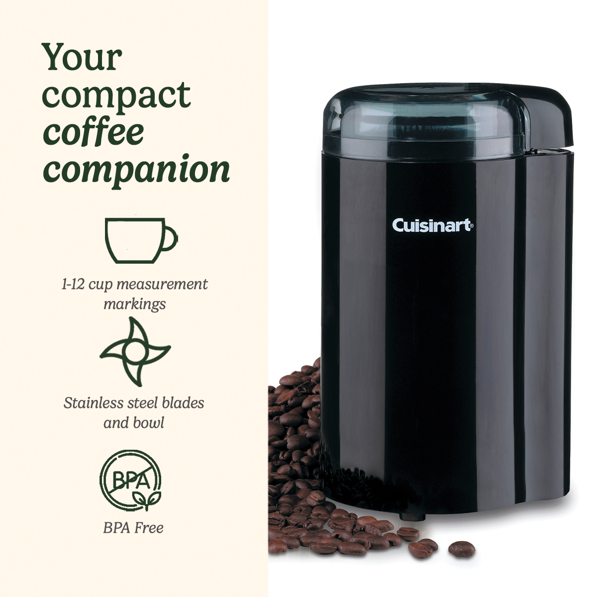 Un moulin à café Cuisinart noir est à côté d'une pile de grains de café.