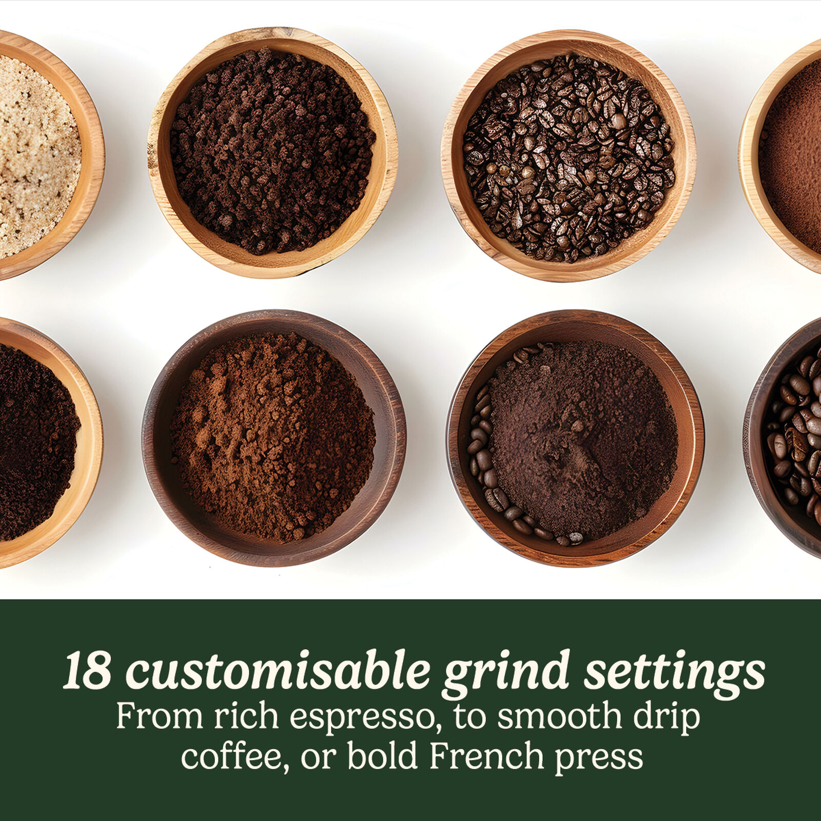 Huit bols de café moulu et de grains de différentes tailles de mouture.