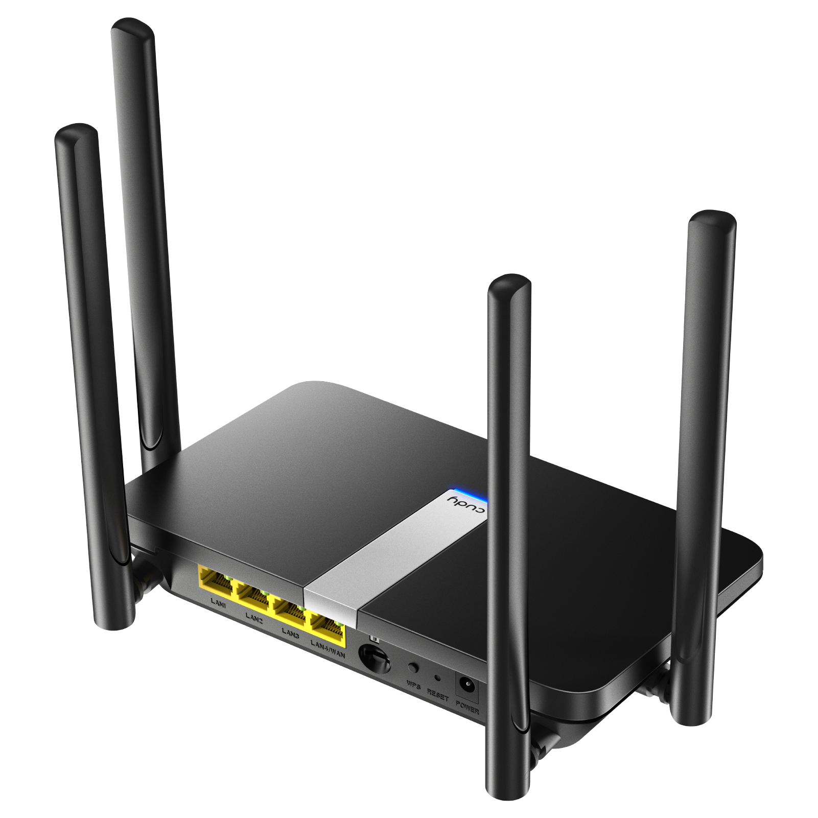 Czarny router z czterema antenami i żółtymi portami LAN.