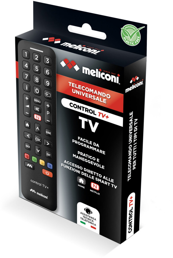 Fekete Meliconi univerzális TV-távirányító csomagolása számozott gombokkal.