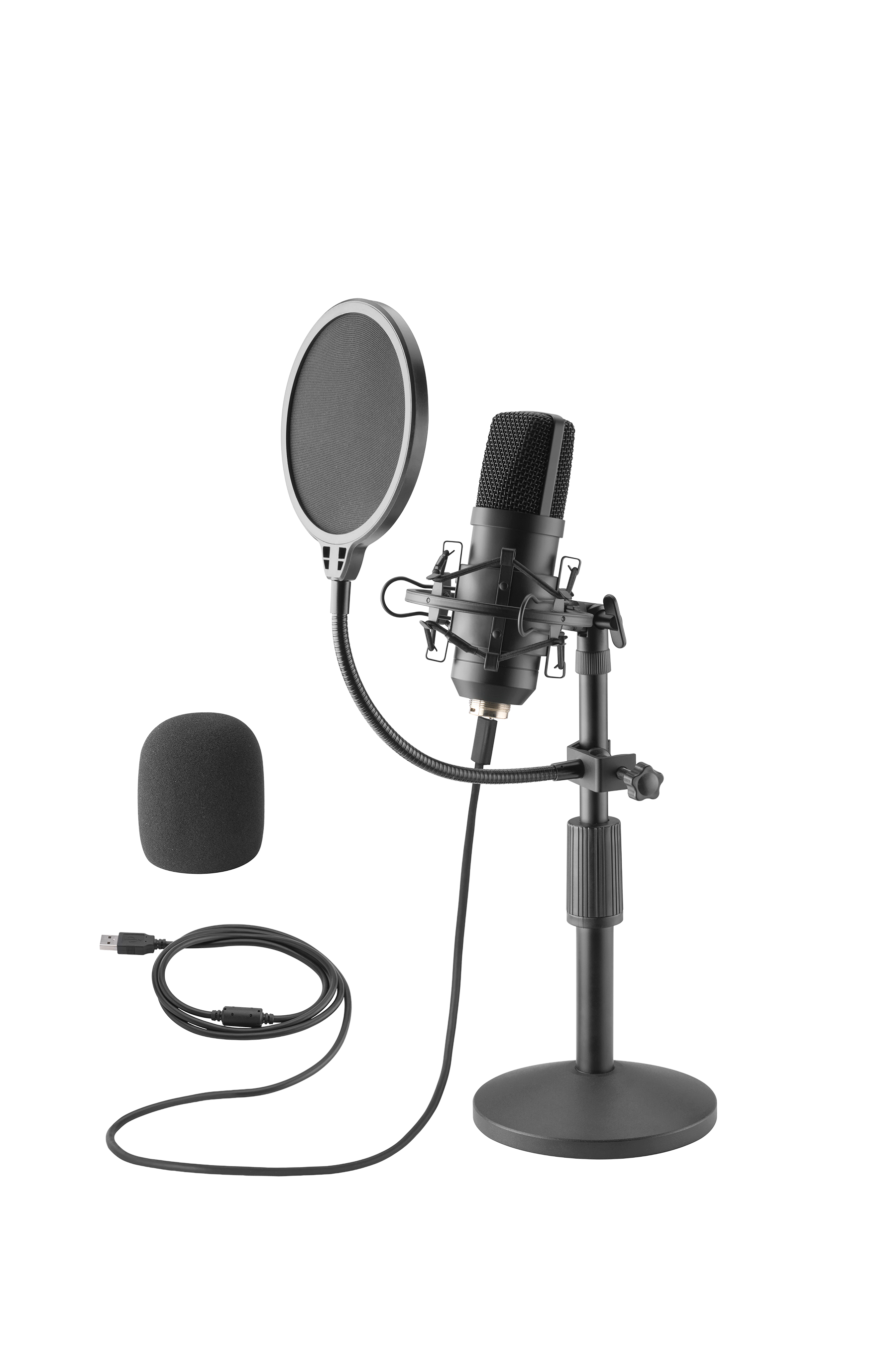 Ein schwarzes Kondensatormikrofon mit Stativ, Popschutz und Kabel.