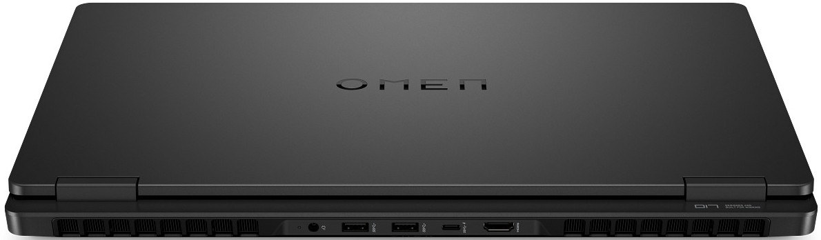 Ein geschlossener schwarzer Laptop mit dem Omen-Logo oben. Anschlüsse auf der Rückseite.