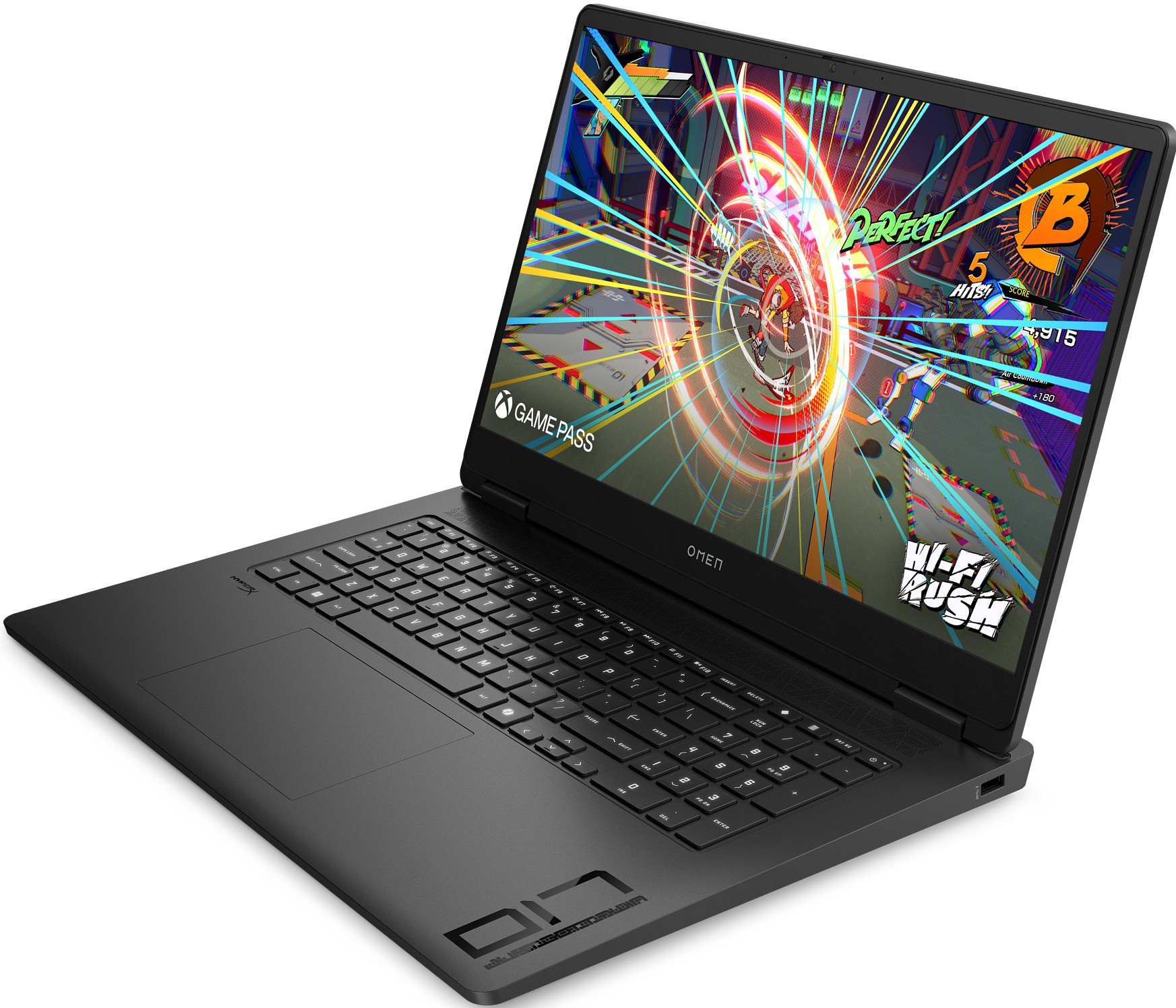 Ein schwarzer Laptop zeigt ein buntes Videospiel mit der Aufschrift "Perfect!". 