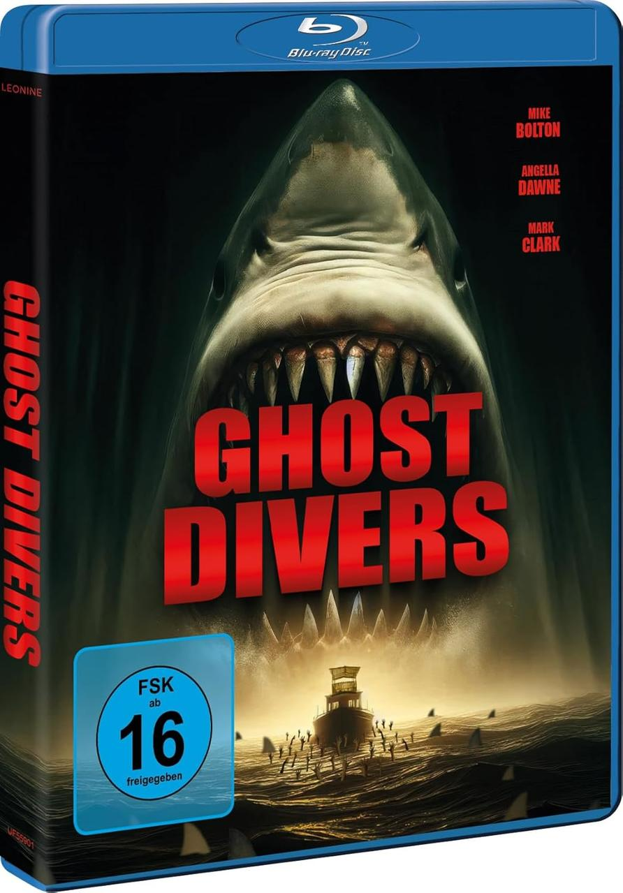 Ein Hai, der auf den Betrachter zu schwimmt, mit dem Titel 