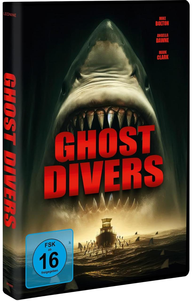 Ein Hai mit offenem Maul und scharfen Zähnen, der Titel "Ghost Divers" und eine FSK 16-Plakette.