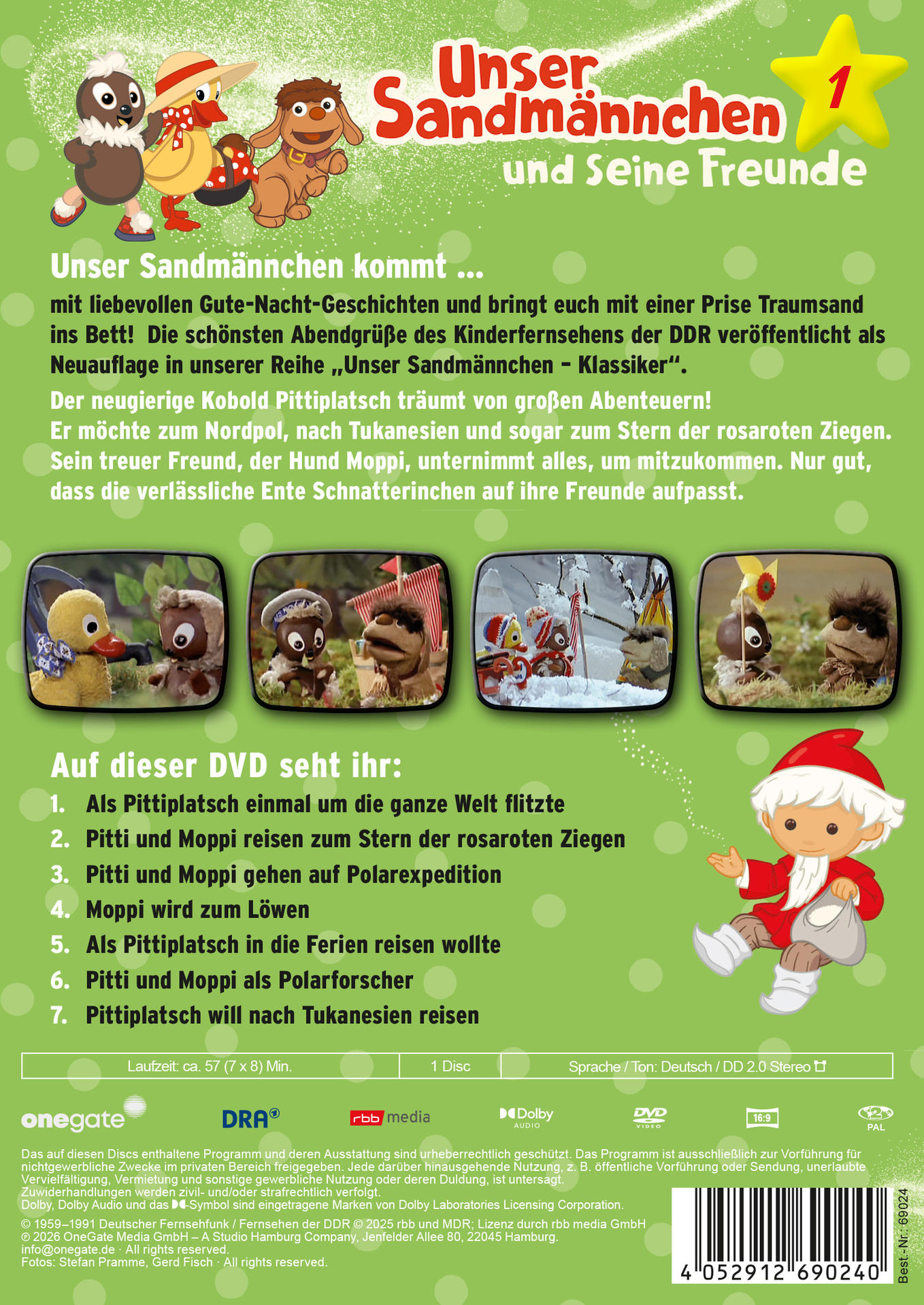 Drei Figuren, darunter ein Hund und eine Ente, vor dem Titel „Unser Sandmännchen“.