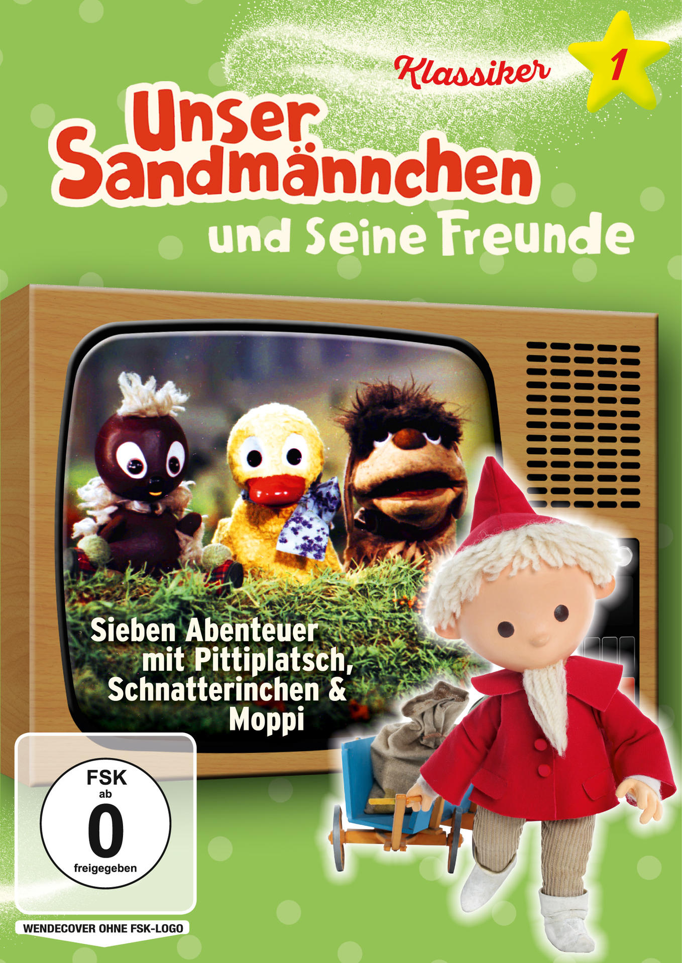 Die Sandmännchen-Figuren Pittiplatsch, Schnatterinchen, Moppi im Fernsehen. Eine Sandmännchen-Figur zieht einen Wagen.