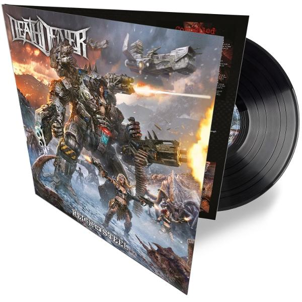 Schallplatte mit Buchcover: Mecha-Krieger und Soldaten kämpfen gegen Monster in eisiger Landschaft.