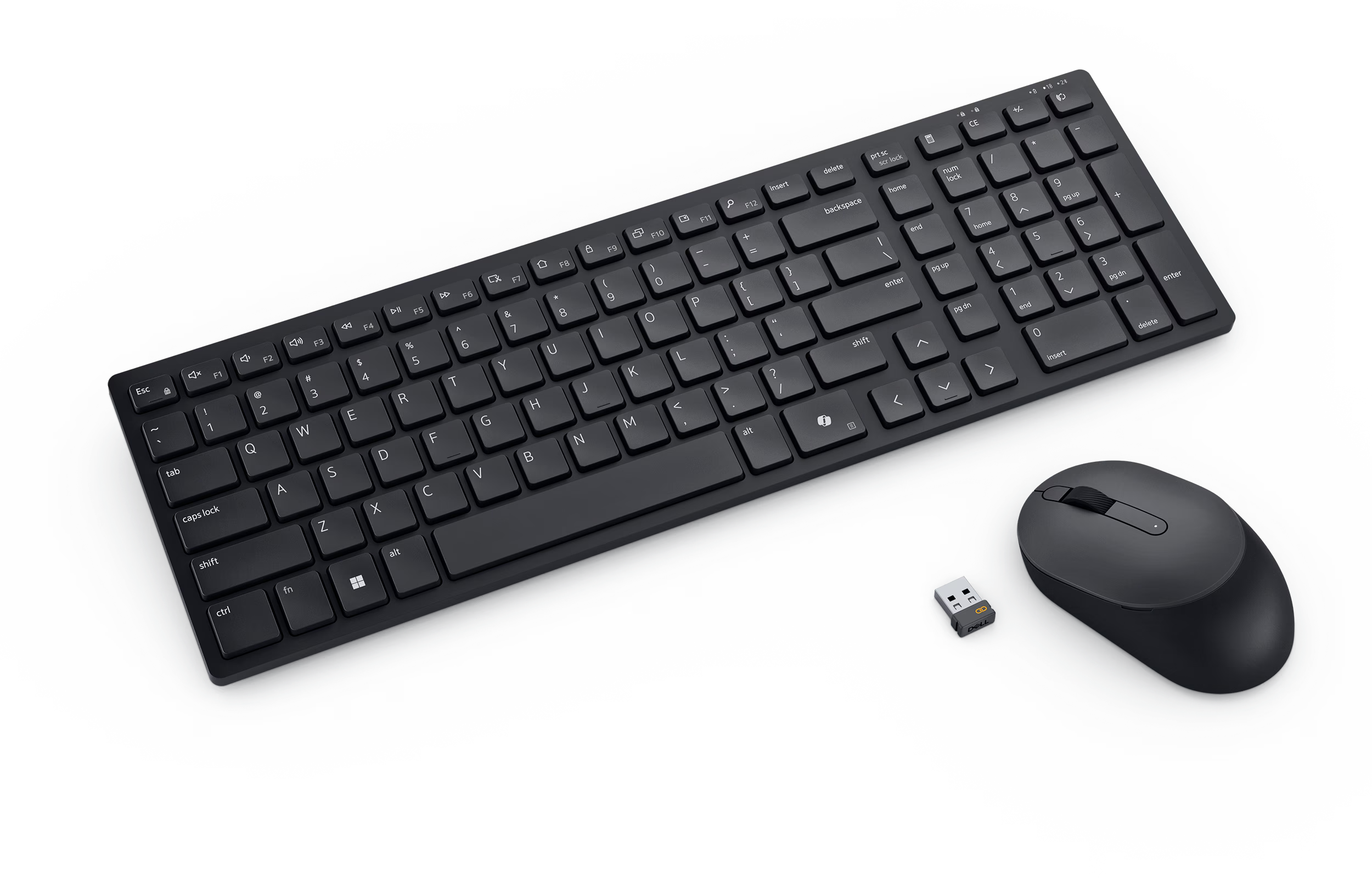 Fekete vezeték nélküli billentyűzet és egér USB-dongle-lal fehér háttéren.
