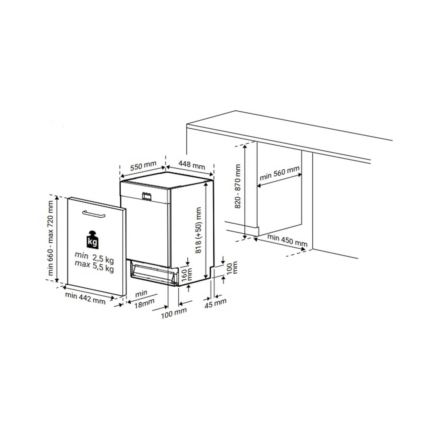 Disegno tecnico di un elettrodomestico da incasso con misure.