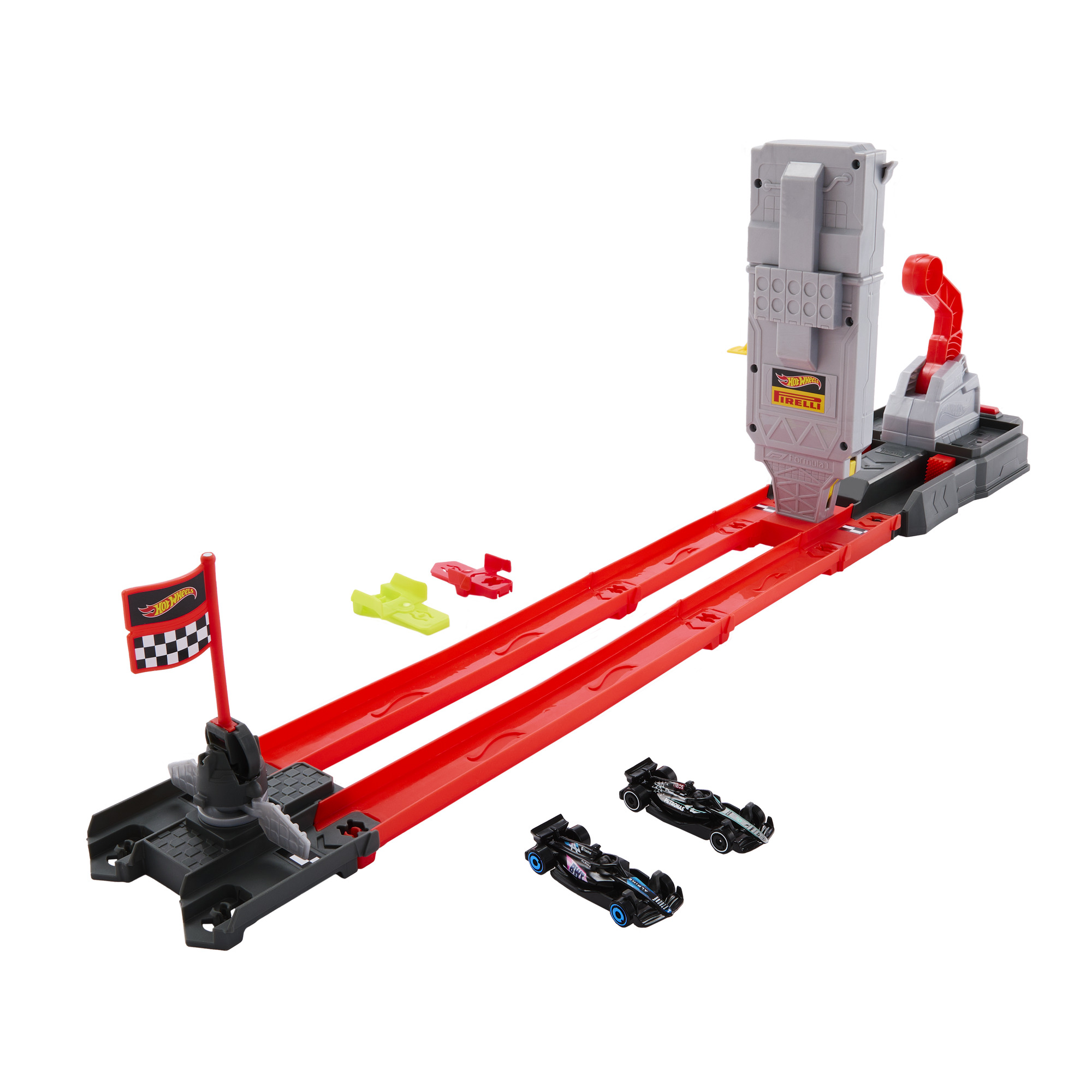 Hot Wheels Rennstrecke mit zwei schwarzen Autos, Startrampe und Zielflagge.