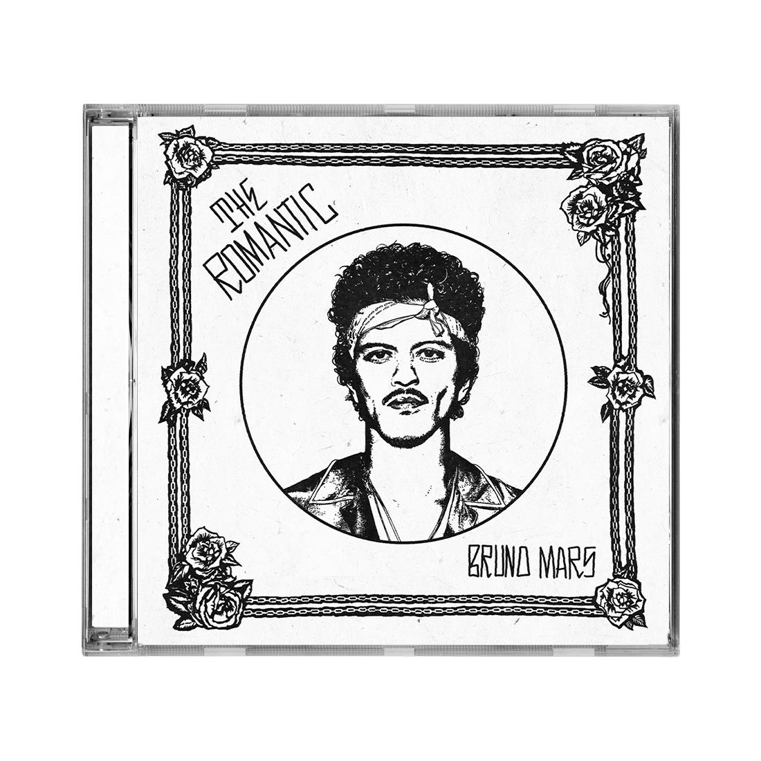 Couverture de CD avec dessin de Bruno Mars, roses et texte.