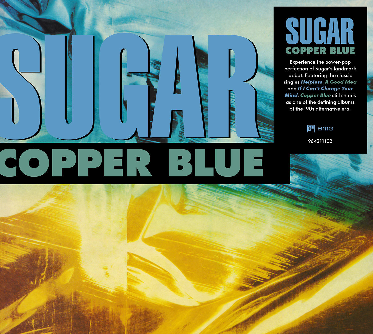 Albumcover: Großer blauer Text lautet SUGAR. Darunter steht grüner Text COPPER BLUE.