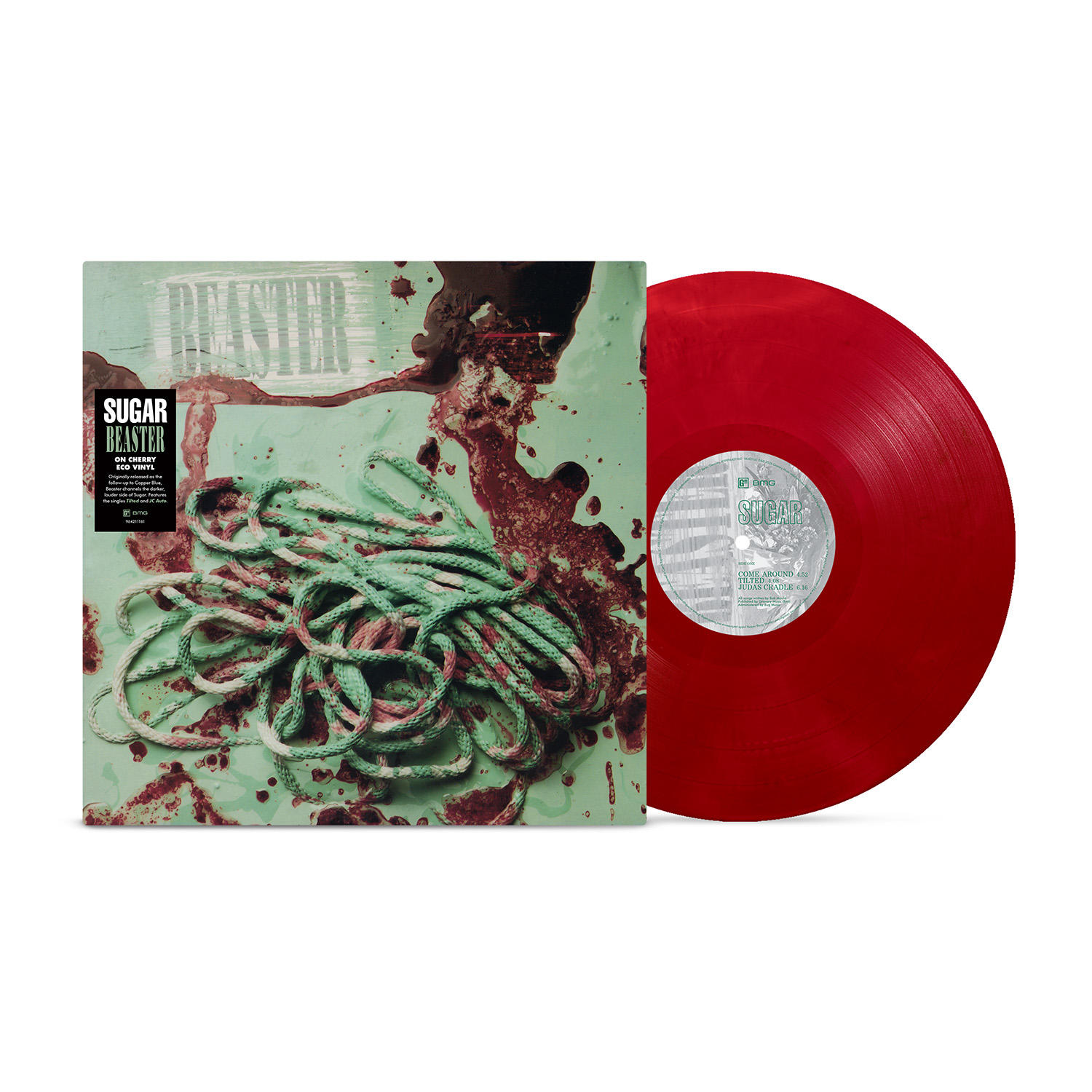 Eine rote Vinylplatte und ihr Albumcover mit einem verhedderten Seil und Blutspritzern.