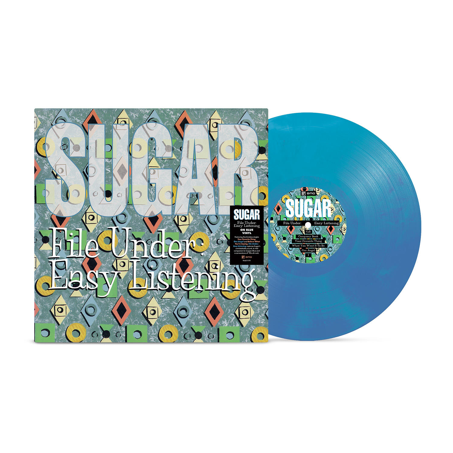 Ein blaues Vinyl-Album mit dem Titel SUGAR. Die Hülle zeigt geometrische Muster.