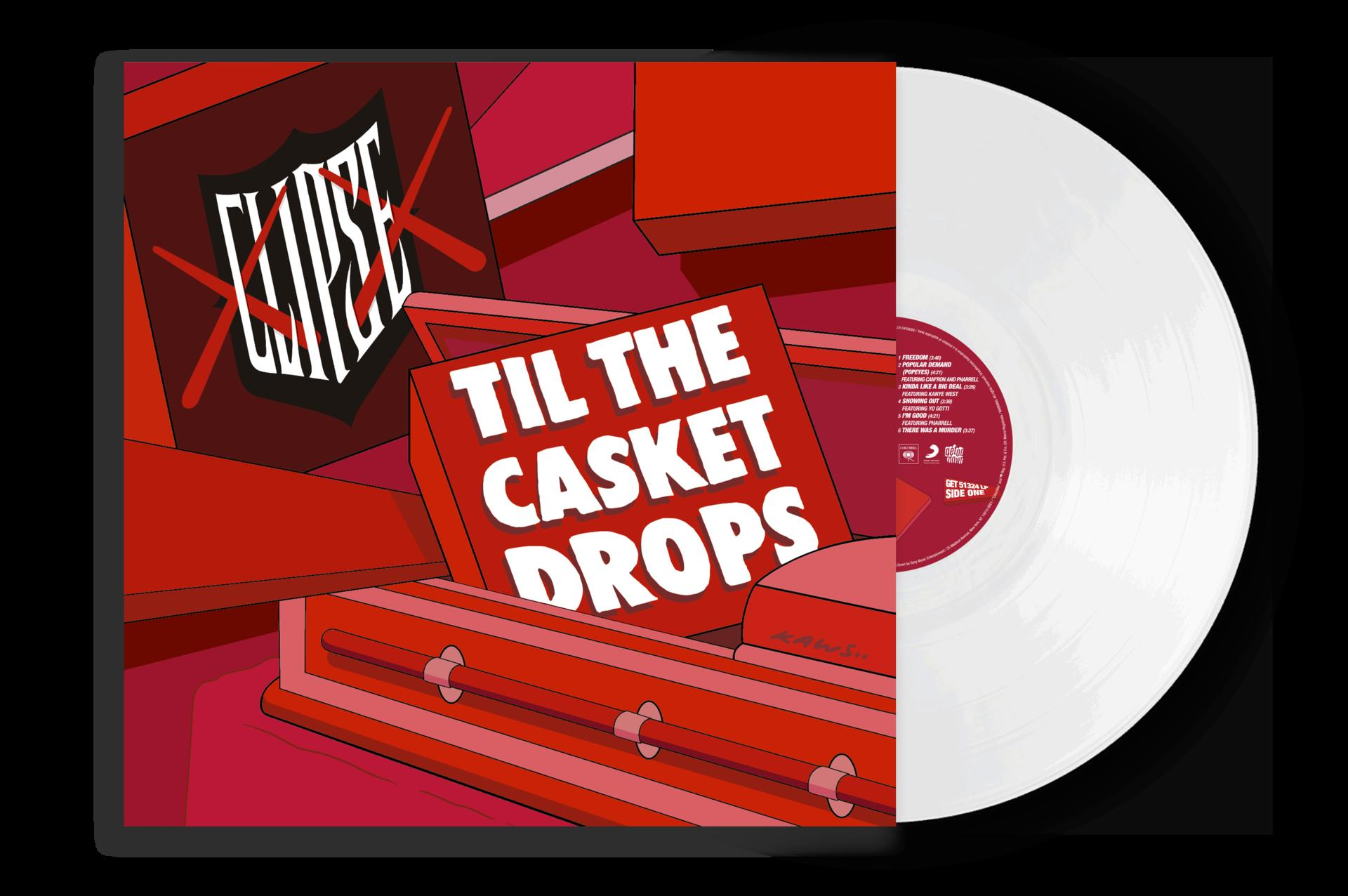 Ein weißes Vinyl-Albumcover mit rotem Sarg-Design und dem Titel 'Til The Casket Drops'.