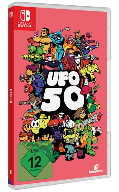 Nintendo Switch Spiel UFO 50 Hülle mit vielen bunten Charakteren und USK 12 Siegel.