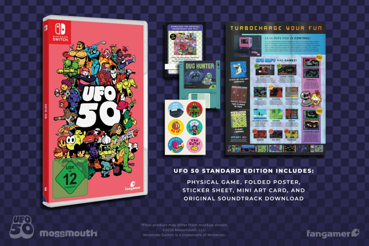 UFO 50 Spiel für Nintendo Switch mit verschiedenen Charakteren, Postern und Zubehör.