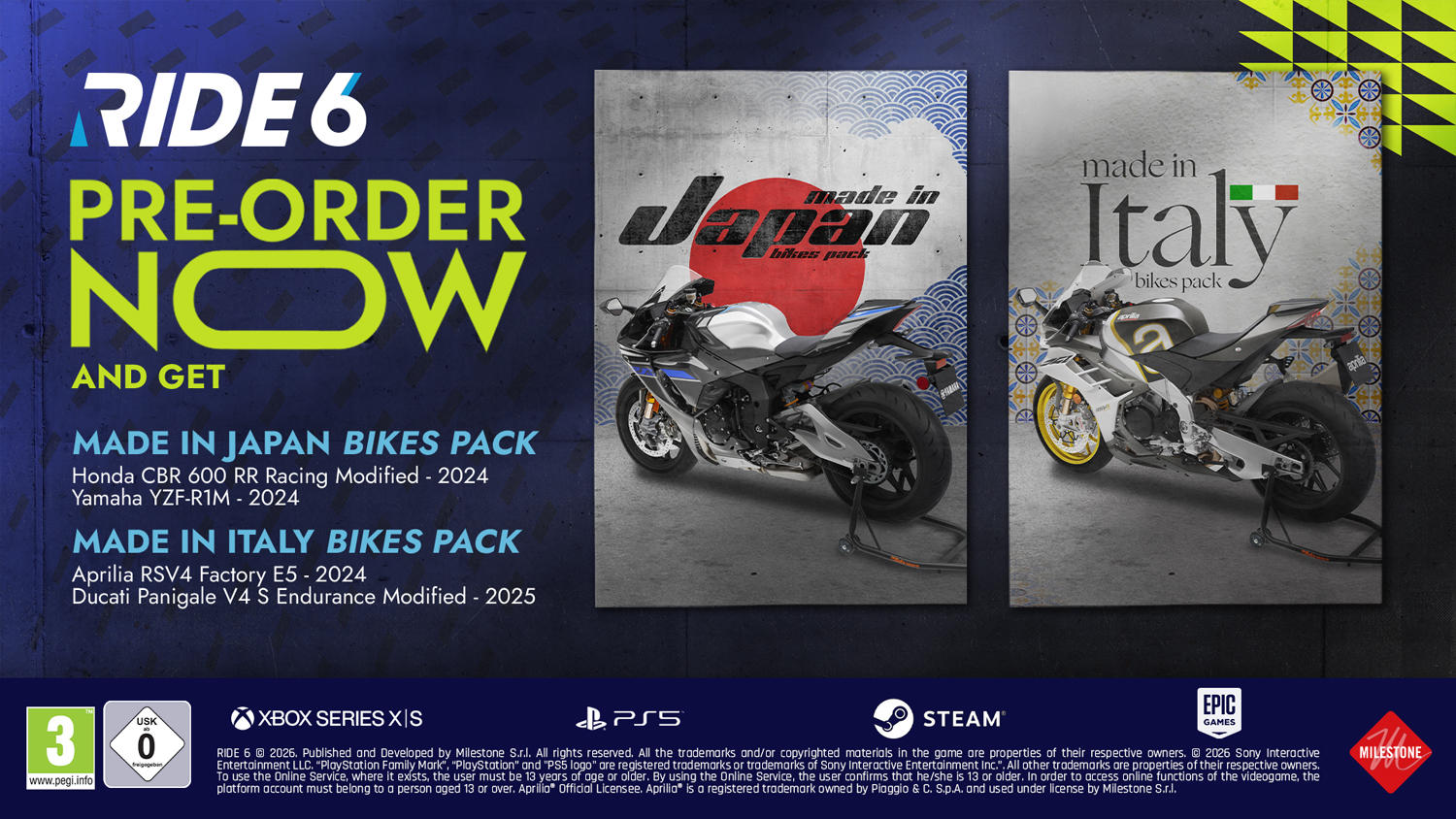 RIDE 6 Pre-Order-Anzeige mit zwei Motorrädern: Japan-Pack und Italien-Pack.