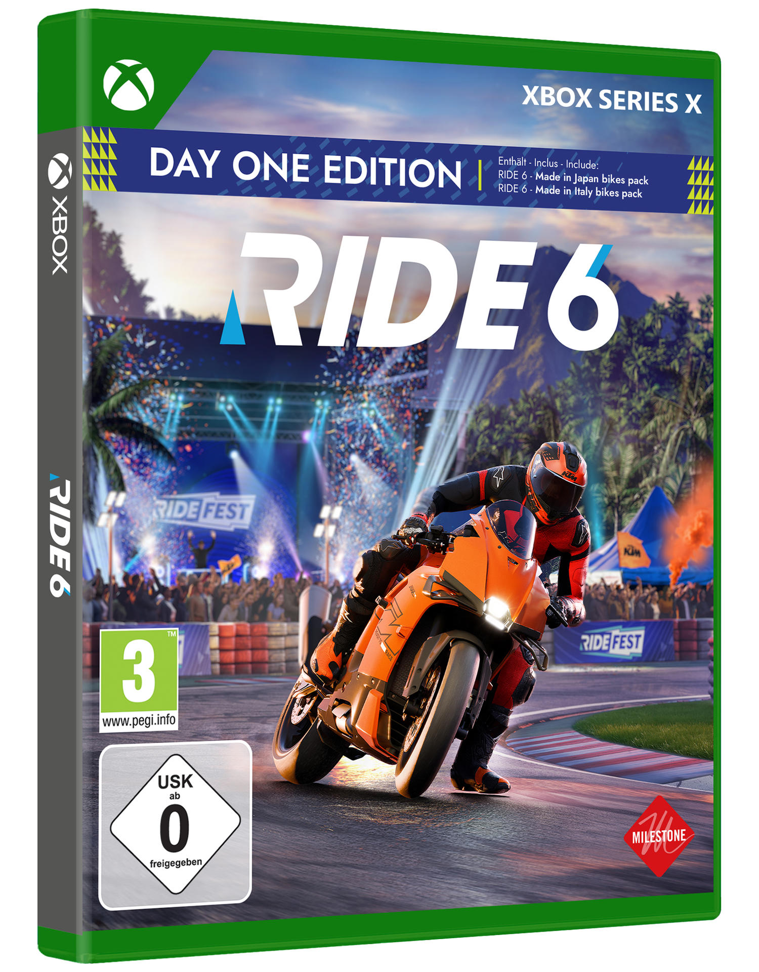 Ein Rennfahrer auf einer orangen Motorrad-Box für das Spiel RIDE 6.