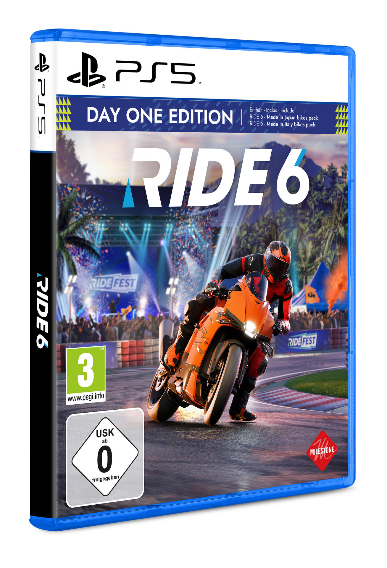 Ein Motorradfahrer auf einer orangen KTM fährt auf einer Rennstrecke. PS5 Spielcover.