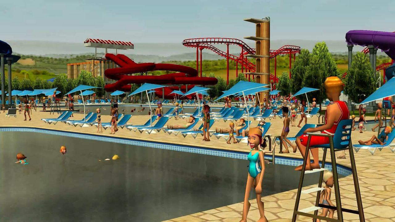 Ein Wasserpark mit Rutschen, Achterbahn, Pool und vielen Sonnenanbetern auf Liegestühlen.