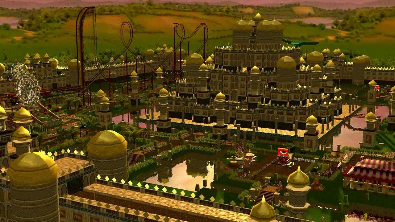 Ein Fantasy-Themenpark mit goldenen Kuppeln, Achterbahnen und Wasserspielen.