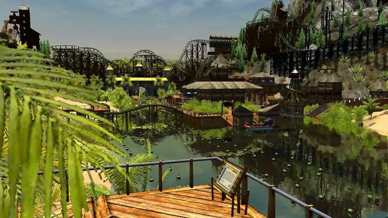 Freizeitpark mit Achterbahnen, Wasser und Gebäuden im Dschungelstil.