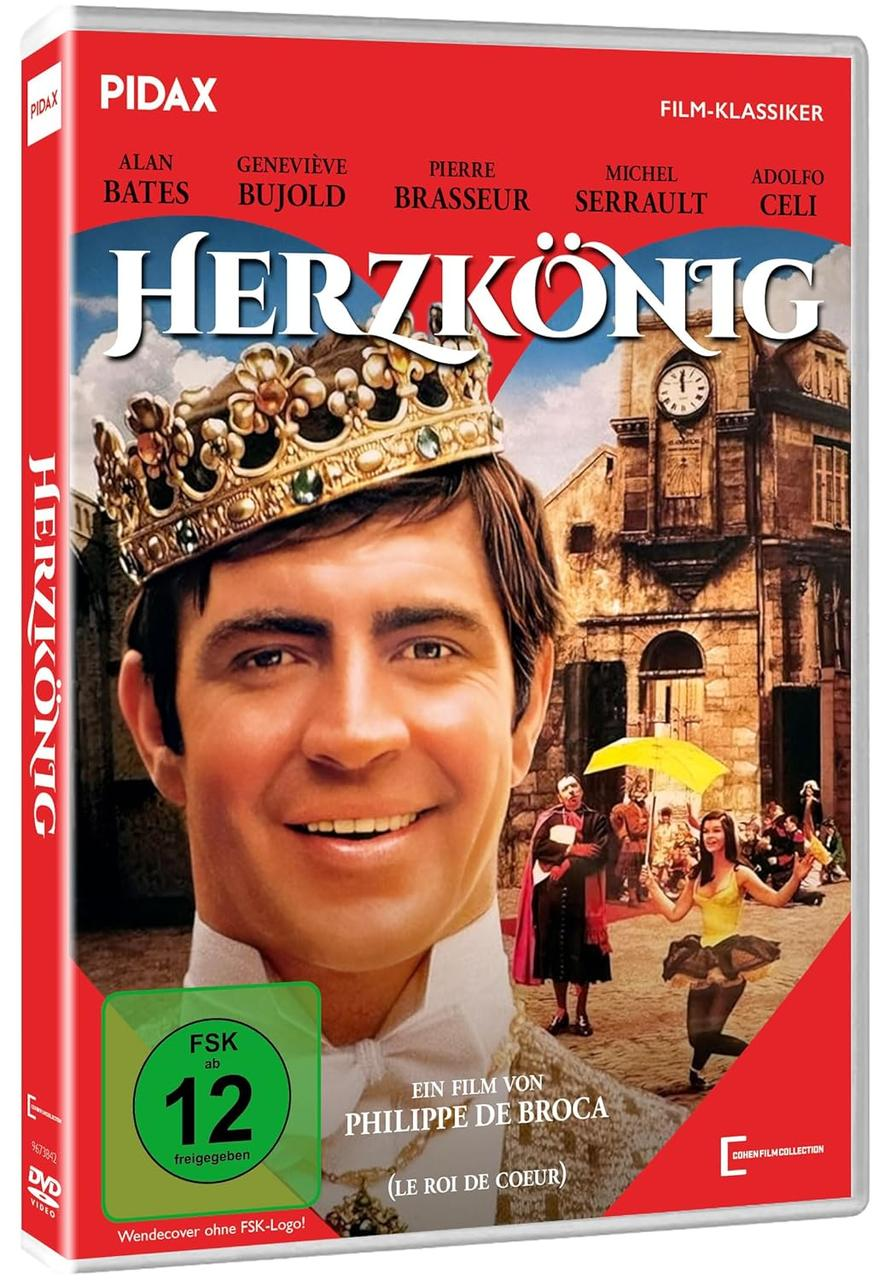Ein Mann mit Krone lächelt; im Hintergrund eine Szene mit einer Frau und einem gelben Sonnenschirm.
