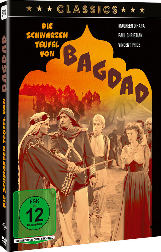 Filmplakat mit Schauspielern in historischer Kleidung vor einer Wüstenlandschaft und Reitern.