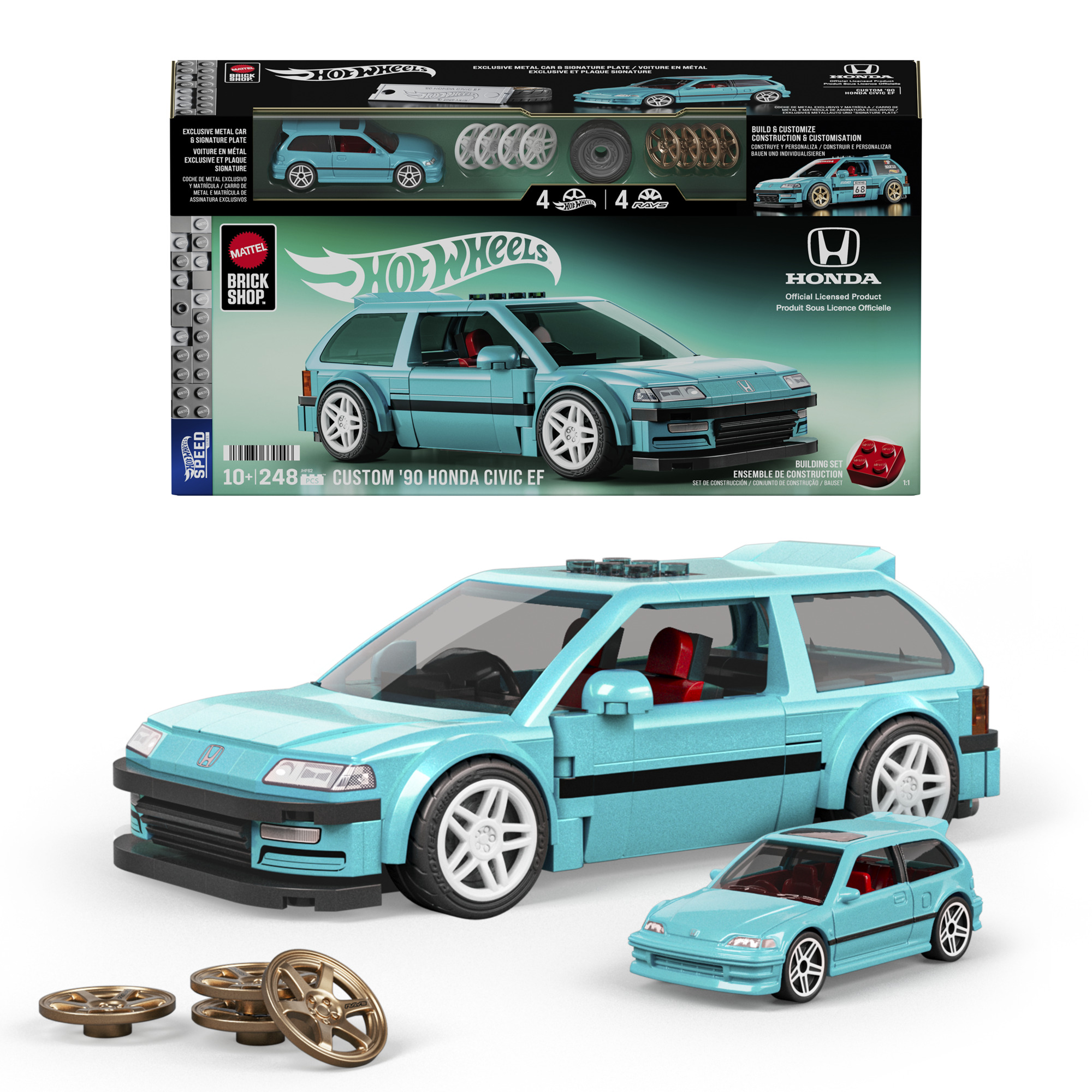 Türkisblauer Honda Civic EF Lego-Bausatz mit Zubehör und einem kleinen Modellauto.