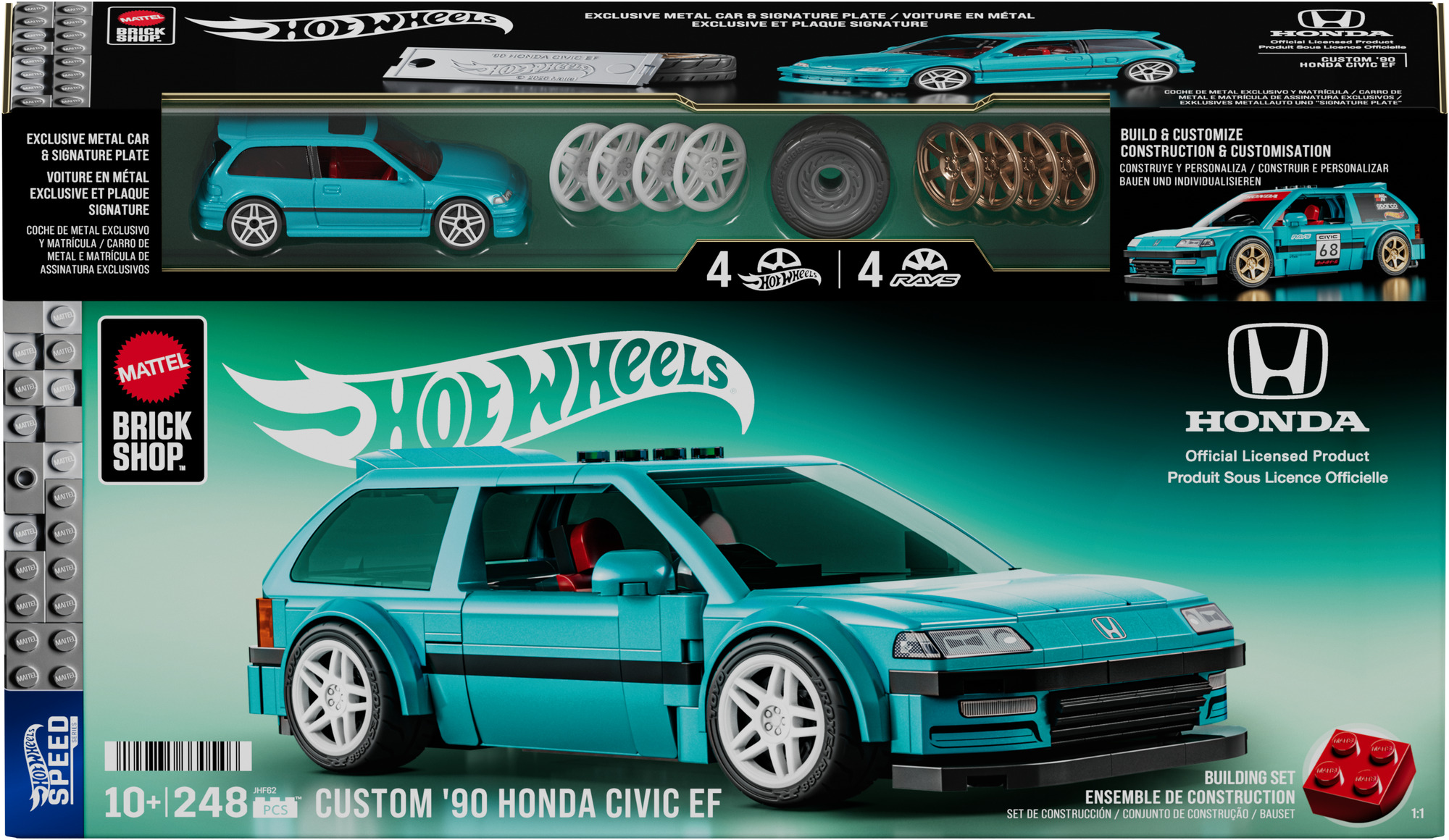 Hot Wheels Bausatz eines türkisfarbenen Honda Civic EF mit roten Sitzen und weißen Felgen.