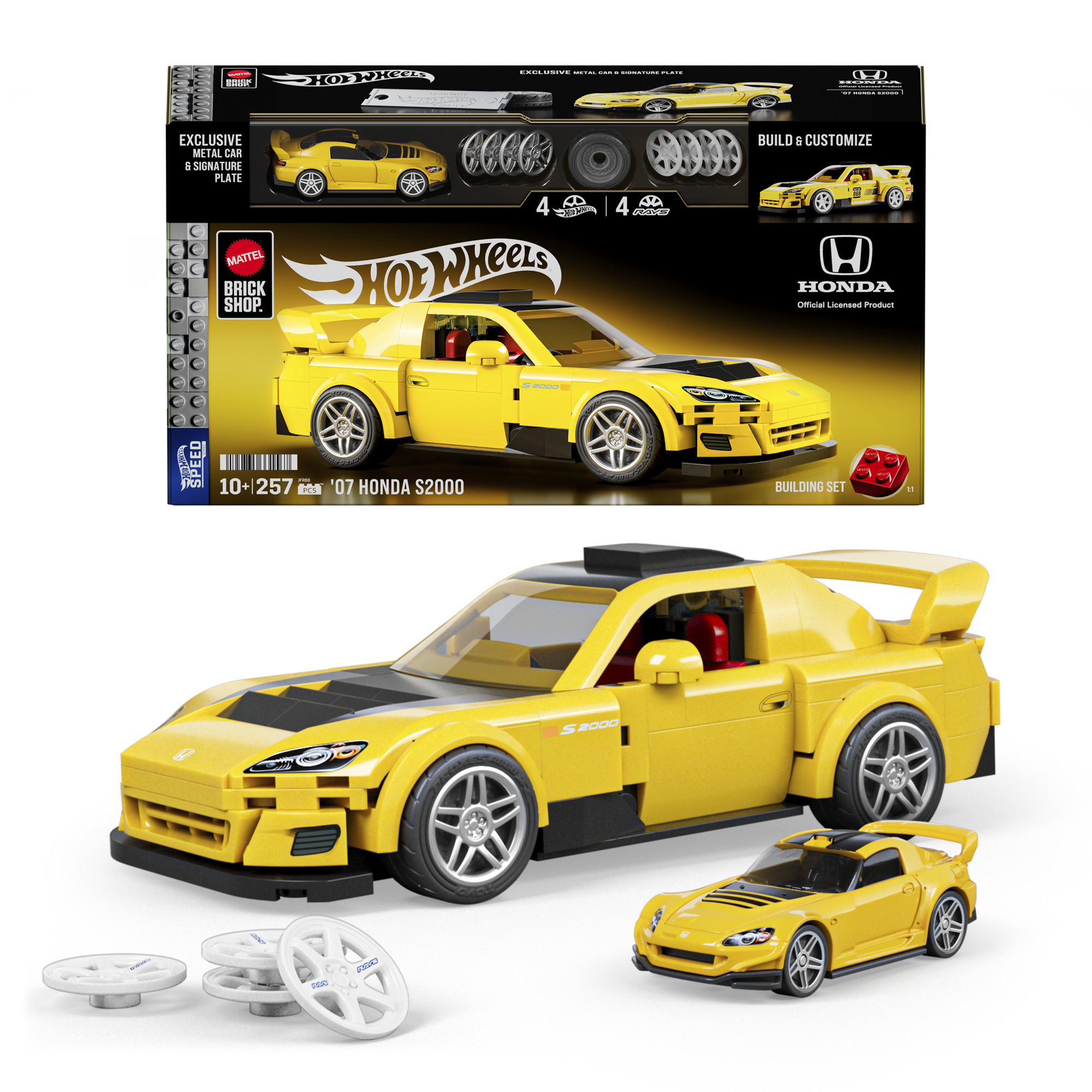 Gelbes Hot Wheels Honda S2000 Bausteinset mit einem kleinen Modellauto und Rädern.
