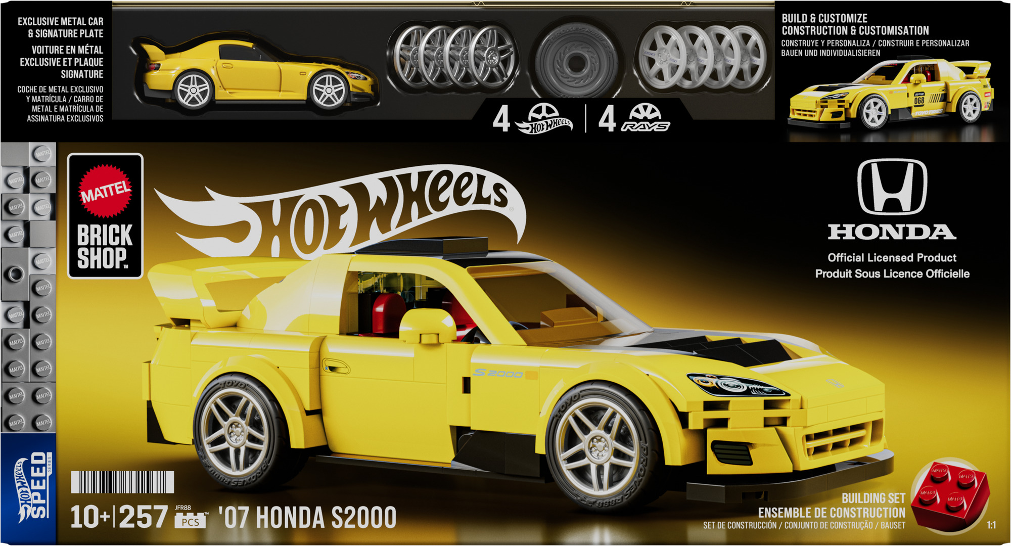 Gelber LEGO-Nachbau eines Honda S2000 mit Hot Wheels-Branding, inklusive Felgen.