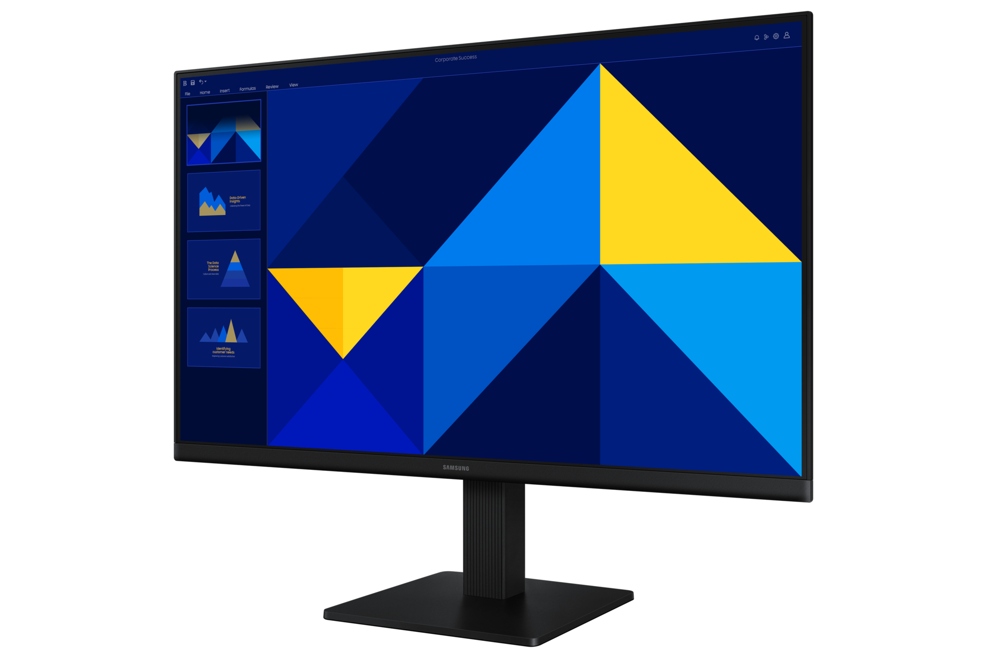 Nowoczesny monitor z niebiesko-żółtym geometrycznym wzorem i slajdami. Grafiki prezentacji.