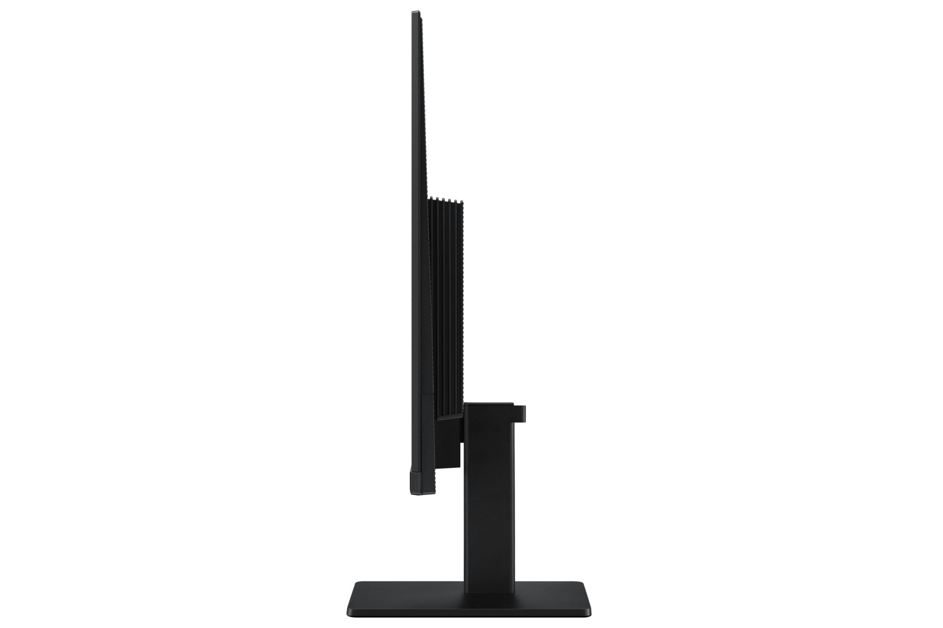 Widok z boku czarnego monitora z cienką ramką i pionowymi otworami wentylacyjnymi.