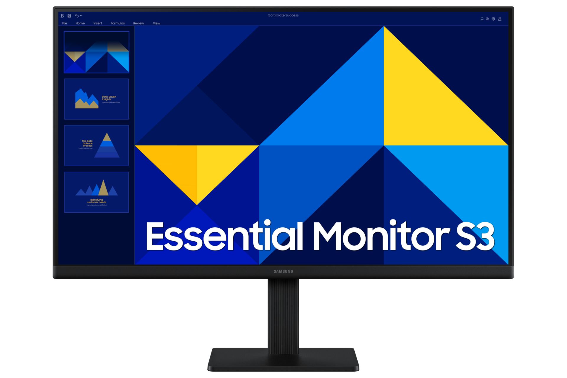 Monitor wyświetla prezentację z geometrycznymi wzorami i tekstem 'Essential Monitor S3'.
