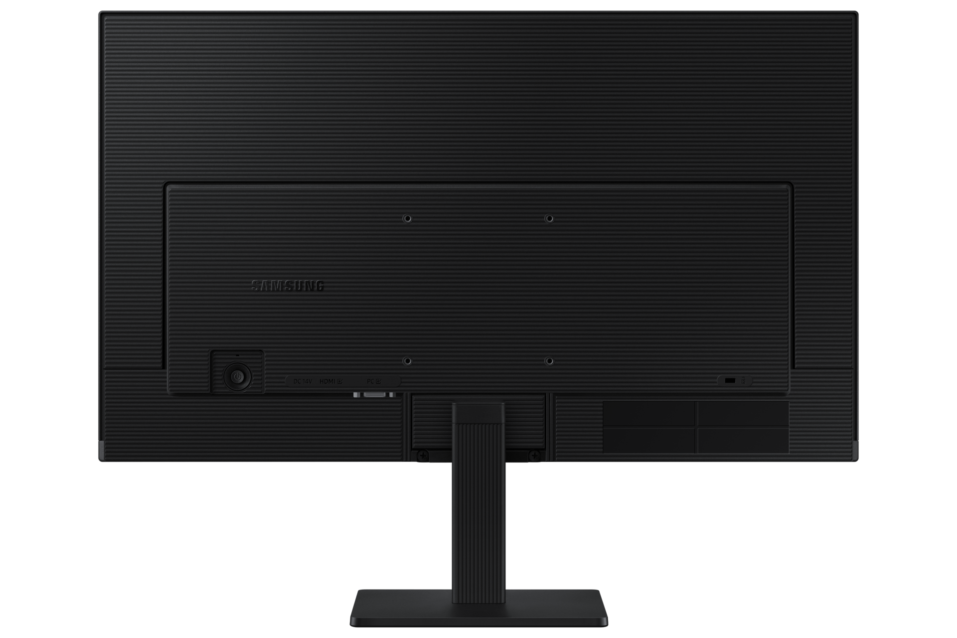 Tył czarnego monitora Samsung z portami i podstawą.