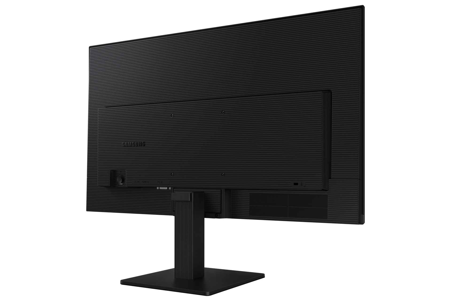 Tył czarnego monitora z logo Samsung i portami.