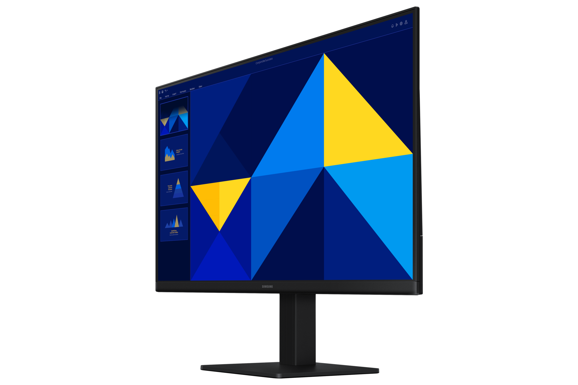 Monitor wyświetla prezentację z niebieskimi i żółtymi trójkątami.