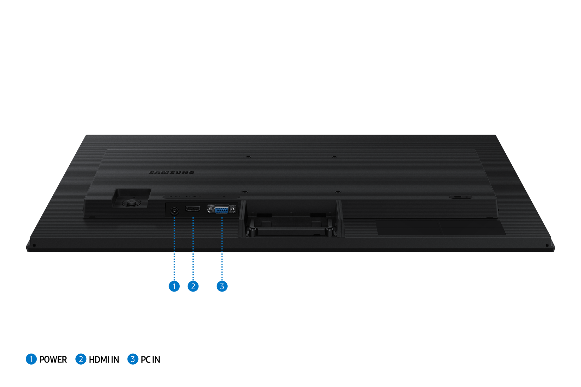 Tył czarnego monitora z portami zasilania, HDMI i VGA.